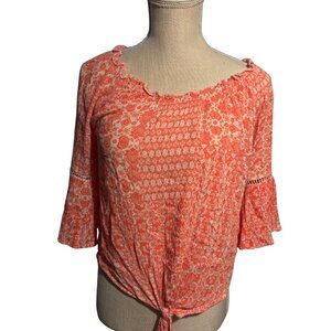 Eye Shadow Coral Boho Off Shoulder Floral Bell Sleeve Tie Front Top